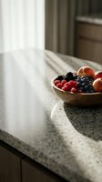 Wooden bowl filled with fresh berries including blackberries, raspberries and apricots on kitchen countertop near window with natural light.