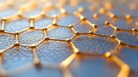 Glowing golden hexagonal molecular structure with interconnected nodes on metallic surface in macro view, scientific nanotechnology concept background.