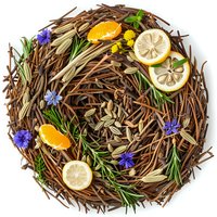 Decorative wreath made of natural twigs adorned with citrus slices, blue cornflowers, rosemary sprigs and scattered seeds on white background, top view.