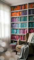Cozy reading nook with rainbow organized bookshelf, comfortable armchair and soft blanket creating warm literary atmosphere for book lovers and home decor.