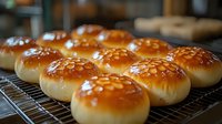Fresh baked sesame seed hamburger buns cooling on wire rack in bakery kitchen. Golden brown bread rolls with glossy tops ready for grilling and serving.