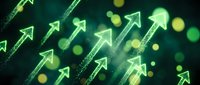 Glowing upward arrows on dark green background with bokeh lights, representing financial growth, business success, and positive market trends for investment concepts.