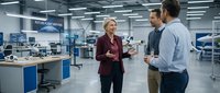 Young woman with blonde hair, Caucasian ethnicity, wearing maroon blazer, engaged in professional discussion with two male colleagues in modern industrial manufacturing facility with blue workstations and equipment.