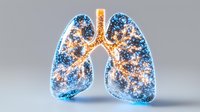 Glowing anatomical lungs with blue and orange light effects against gray background, medical science visualization showing respiratory system structure.