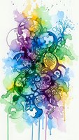 Abstract watercolor composition with organic tree silhouettes and flowing paint drips in vibrant rainbow spectrum on white background for creative design projects.