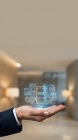 Businessman hand presenting holographic SAAS platform icons with cloud computing, analytics and digital services in modern office environment.