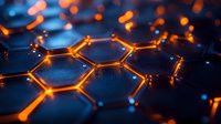 Glowing orange hexagonal molecular structure on dark background with blue highlights, scientific concept showing atomic connections and chemical bonds.