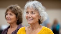 Cheerful senior woman with gray hair wearing bright yellow sweater smiling warmly at social gathering, expressing joy and contentment. Active retirement lifestyle concept.