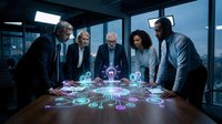 Diverse business team examining holographic data visualization on wooden table in modern office with city skyline, representing digital transformation and collaborative technology innovation.