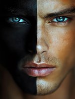 Close-up portrait of male face with striking blue eyes, half in shadow and half in light, showing contrast in skin tones for artistic effect.