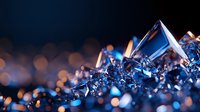 Macro shot of blue crystal formations with orange bokeh lights in background creating magical atmosphere. Natural mineral structure with sharp geometric shapes.