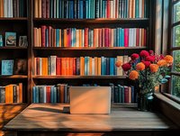 Cozy home library corner with laptop on wooden desk, colorful book collection on shelves, and fresh flowers by window in warm sunlight. Perfect for remote work setup.