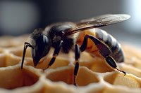 Macro shot of honey bee on honeycomb shows detailed wing structure and body segments against golden wax cells background, highlighting natural pollinator at work.