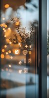 Social media icons glowing against window glass with bokeh lights and plant silhouettes creating dreamy atmospheric mood for modern lifestyle content.