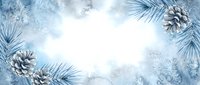 Winter holiday frame with frosted pine branches and cones on snowy background for seasonal greeting cards and festive decorations.