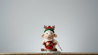 Cute stuffed reindeer toy wearing red knit hat and scarf, holding candy cane, sitting on wooden surface against neutral background for holiday decoration and seasonal design projects.