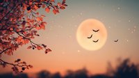 Mystical autumn evening with full moon glowing behind red maple leaves, silhouettes of flying bats and magical sparkles in dusky orange sky. Atmospheric fall scene.