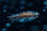Digital fingerprint pattern glowing with blue light effects on dark background, representing biometric security and personal identification technology.