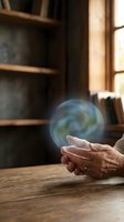 Elderly hands creating magical energy orb with swirling blue light in cozy library setting with wooden shelves and warm sunlight streaming through window.