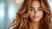 Young woman with long wavy blonde hair and natural makeup looking at camera with soft lighting and blurred background for beauty and lifestyle concepts.