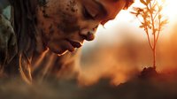 African man with soil-covered face observing young seedling at sunset, symbolizing hope, growth, and connection to nature in environmental conservation efforts.