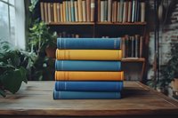 Stack of alternating blue and yellow vintage hardcover books on wooden table against blurred bookshelf background with green plant. Cozy home library atmosphere.