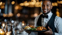 Professional African American waiter in bow tie serving gourmet meal in upscale restaurant with warm bokeh lighting for hospitality industry marketing.