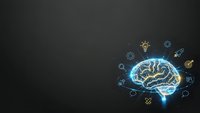 Glowing digital brain with neural networks and technology icons on dark background for artificial intelligence and machine learning concepts.