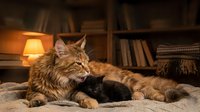 Fluffy tabby cat resting on cozy blanket in warm home library setting with glowing lamp and bookshelves, perfect for pet care and lifestyle content.