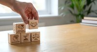 Hand placing wooden cube with handshake icon among ESG sustainability blocks on desk representing corporate social responsibility and ethical business practices.