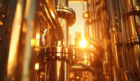 Industrial metal pipes and valves illuminated by warm golden light creating dramatic shadows and reflections in manufacturing facility or refinery setting.