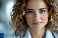Young female medical professional with curly blonde hair and white coat smiling confidently at camera against blurred hospital background.
