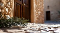 Palm branch on sunlit stone pavement near traditional Mediterranean building entrance, creating dramatic shadows and textures in warm afternoon light.