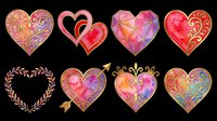 Decorative heart collection with gold ornaments, watercolor fills, and floral details, isolated on transparent background. Great for Valentine's Day clipart, stickers, t-shirt design.