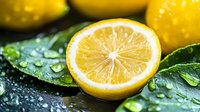 Fresh lemon half with water droplets on green leaves, citrus fruit slice showing juicy pulp segments, natural organic produce for healthy cooking and beverages.