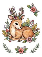 Gentle deer with floral antlers and botanical elements, isolated on white background. Hand-drawn illustration suitable for nursery decor, children's apparel, greeting cards, and craft projects.