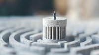 Miniature businessman standing on ancient Greek temple structure amid circular maze pattern, representing leadership challenges and strategic decisions.