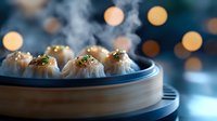 Steaming hot dumplings in traditional bamboo steamer with bokeh lights background, garnished with green onions and sesame seeds, atmospheric food photography.