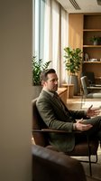 Professional businessman in green suit sitting in modern office interior with natural lighting and plants for corporate meetings and business presentations.