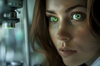 Young woman with striking green eyes and brown hair in dramatic lighting, close-up portrait with soft focus background creating mysterious atmosphere.