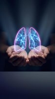 Glowing holographic lungs floating above cupped hands representing respiratory health, medical care, and lung protection concepts for healthcare design.