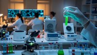 Scientist in protective gloves holding green chemical solution in modern laboratory with microscope and research equipment for medical analysis.