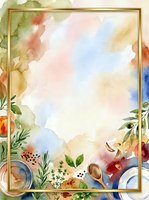 Watercolor floral frame with gold border featuring blooming flowers, botanical elements, and tea cups on soft pastel background. Isolated design ready for invitations, stationery, and greeting cards.