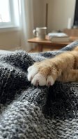 Close-up of a cat's paw resting on a gray knitted blanket in a cozy home interior with natural window light and wooden furniture.