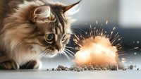 Curious Maine Coon cat observing bright sparkler with flying particles against blurred background, dramatic lighting creates magical atmosphere for holiday season.