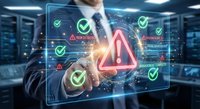 Businessman touching digital warning alert panel with risk detection icons in a modern server room data center.