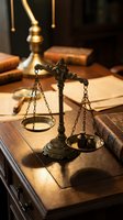Vintage brass scales of justice on wooden desk with law books and warm lighting creating professional legal office atmosphere for attorney services.