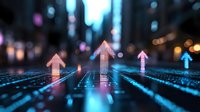 Glowing digital arrows pointing upward on futuristic circuit grid with blue light trails and bokeh background, representing business growth and technological advancement.