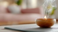 Burning aromatic candle in wooden bowl with rising smoke creates peaceful atmosphere for meditation, spa treatments and aromatherapy sessions.
