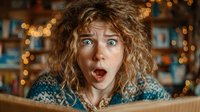 Young blonde woman with curly hair showing shocked surprised expression while reading book in cozy library with warm bokeh lights background.